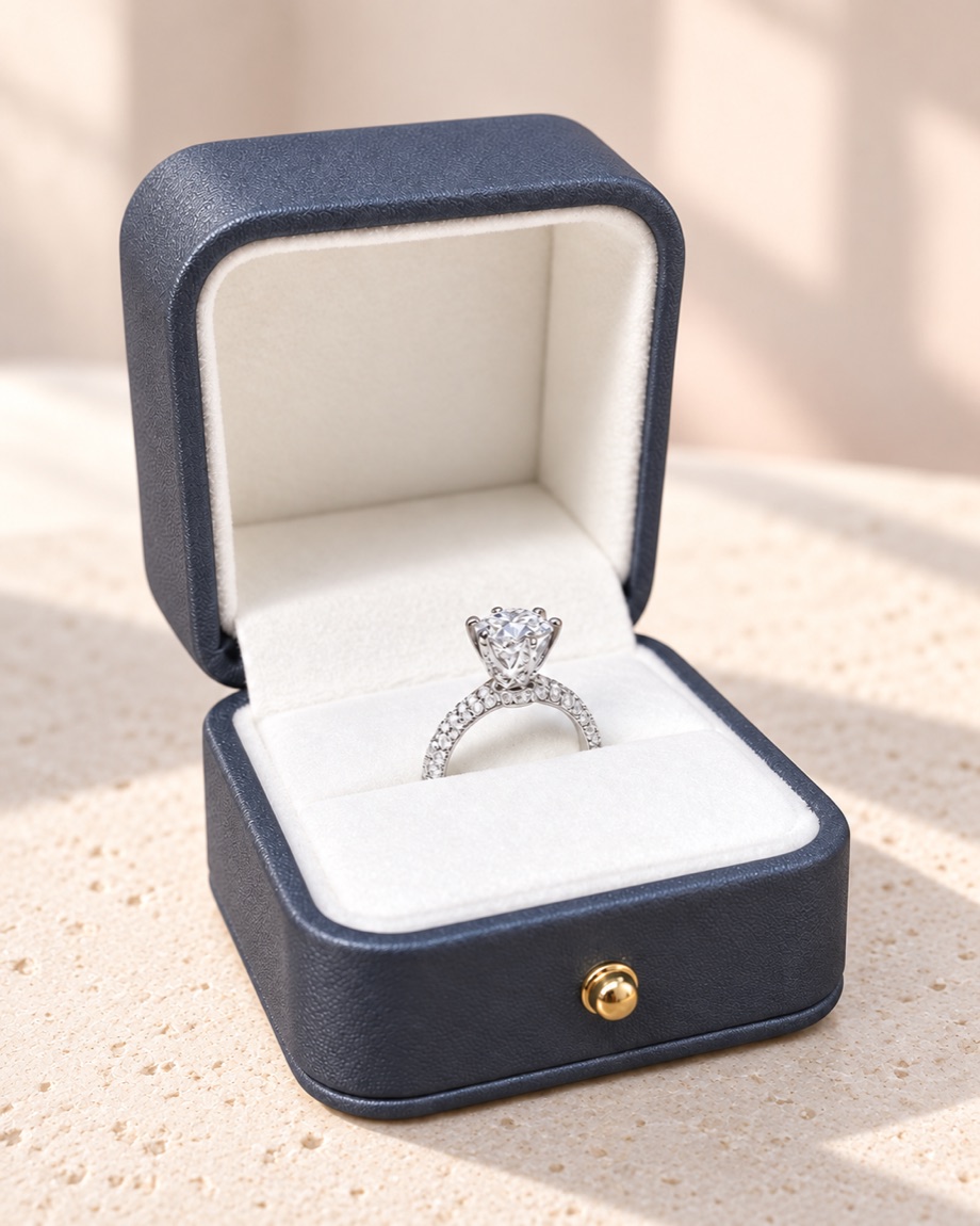 A Leumier & Co ring in its navy presentation box