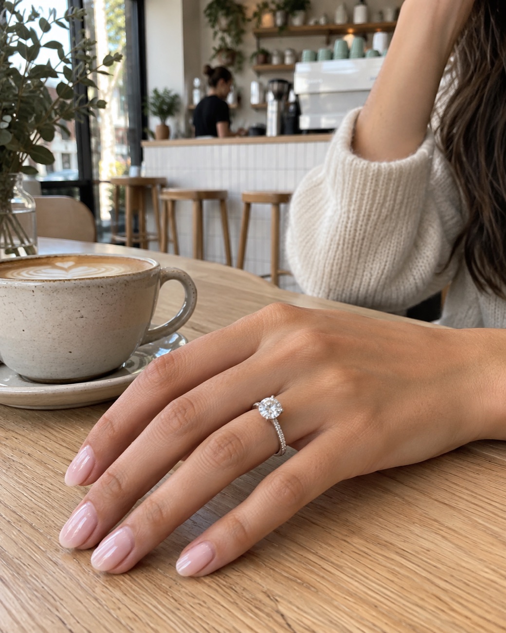 A Leumier & Co solitaire worn on the hand, resting on a cafe table
